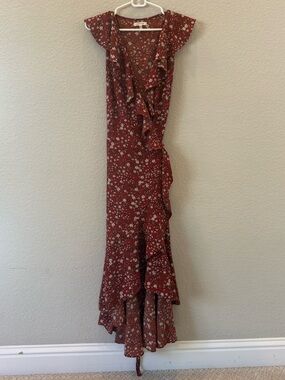 Max Studio Rust Floral Ruffle Wrap Dress